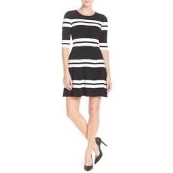 Eliza J. Fit and Flare Black White Striped Knit Sweater Dress Women's Sz 8 - Picture 1 of 11